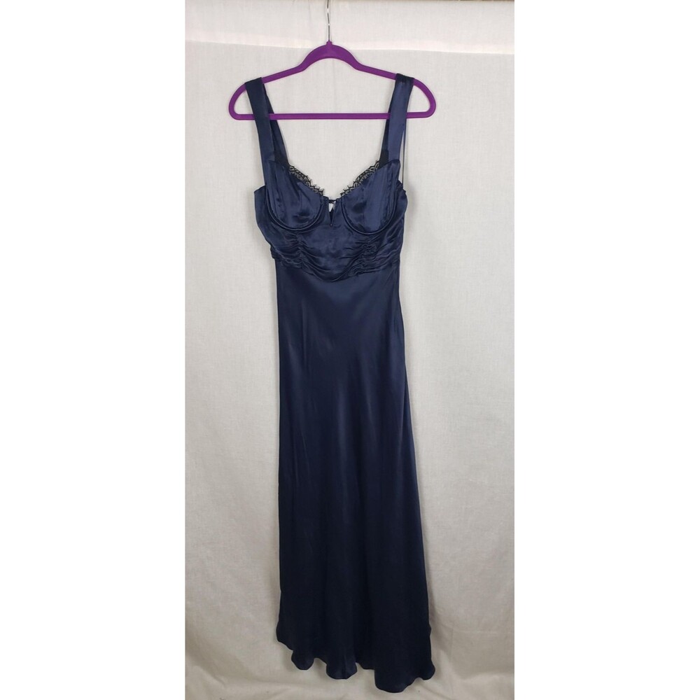 Slip Dress M Navy Blue Satin‎ Lace Trim Ruched Bust Smocked Maxi Feminine Dainty